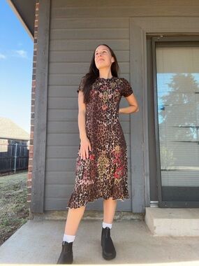 Johnny Was Brown Leopard Midi Dress with Pink & Green Floral Details